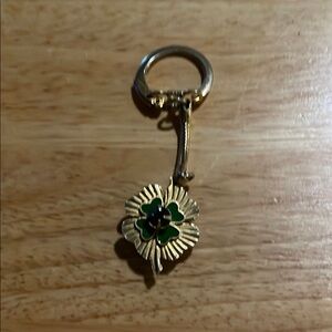 Vintage Gold Clover Keychain with green rhinestone in the middle of clover, 3D